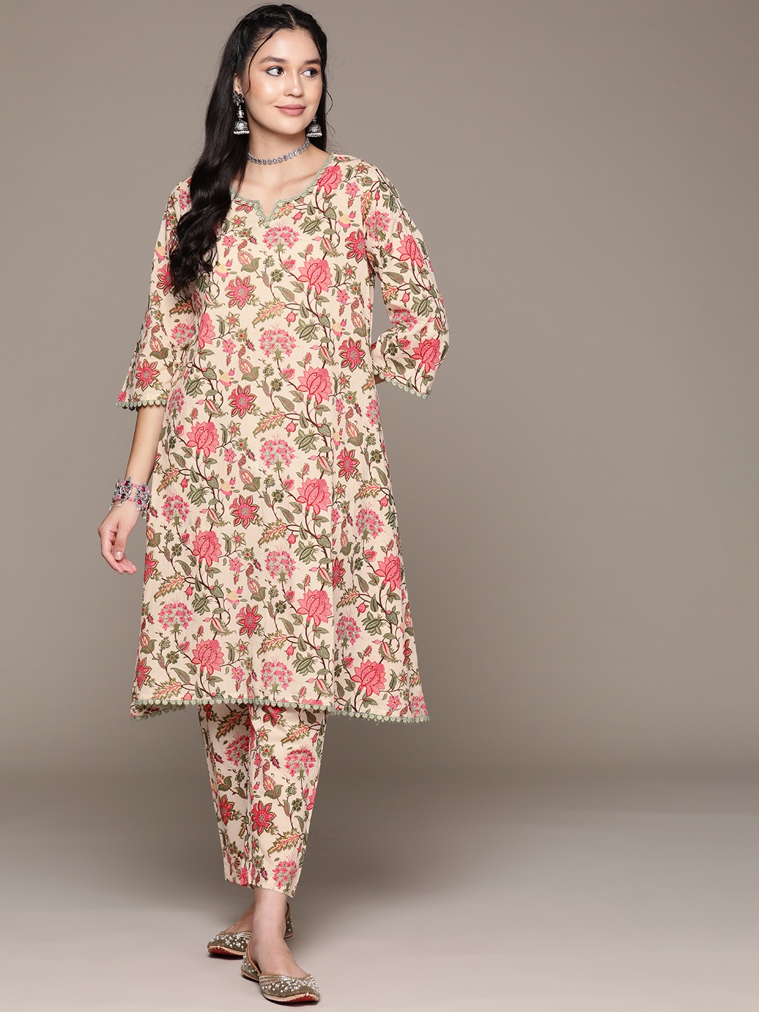 Readiprint Floral Printed Pure Cotton Kurta with Trousers, Green