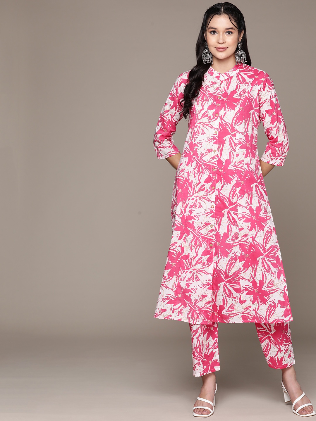 

Readiprint Floral Printed Panelled Pure Cotton Kurta with Palazzos, Pink
