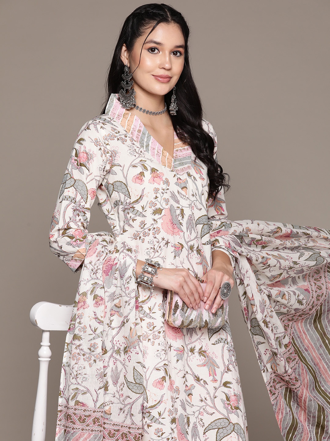 

Readiprint Floral Printed Pure Cotton Kurta with Trousers & Dupatta, Cream