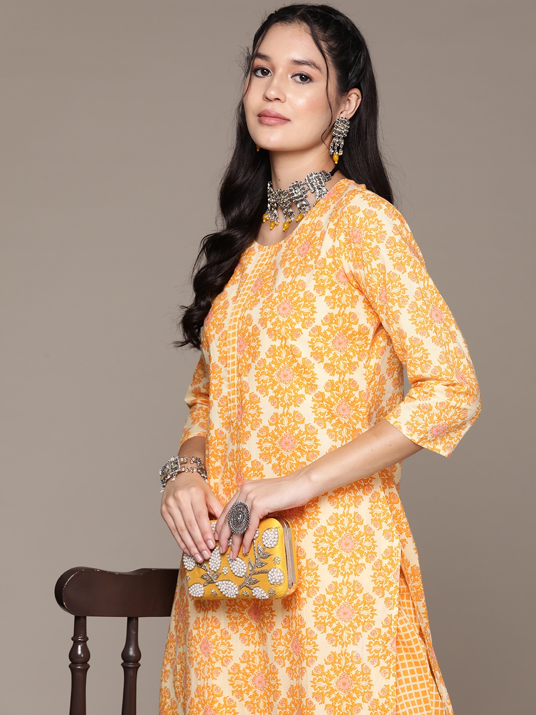 

Readiprint Floral Printed Pure Cotton Kurta with Trousers, Yellow