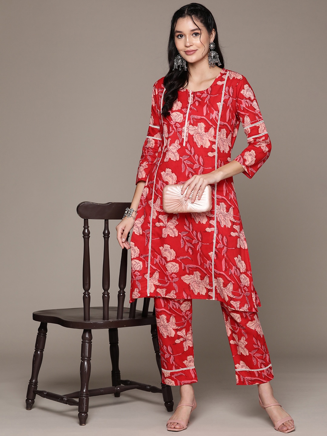 

Readiprint Floral Printed Pure Cotton Kurta with Trousers, Red