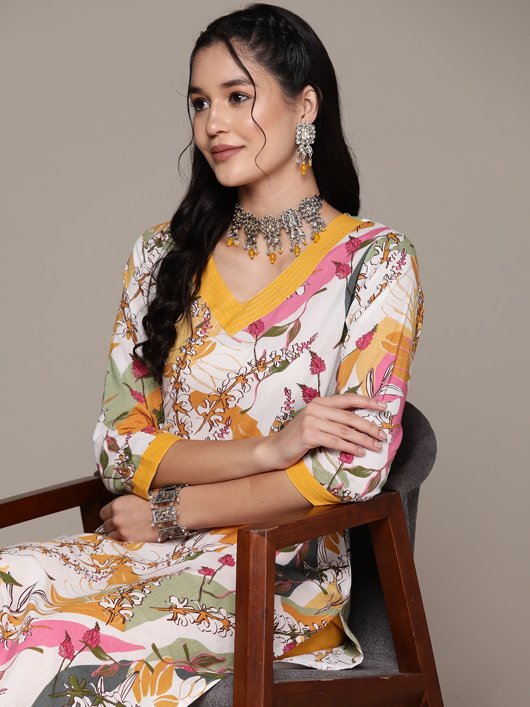 

Readiprint Floral Printed Pure Cotton Kurta with Trousers, Mustard