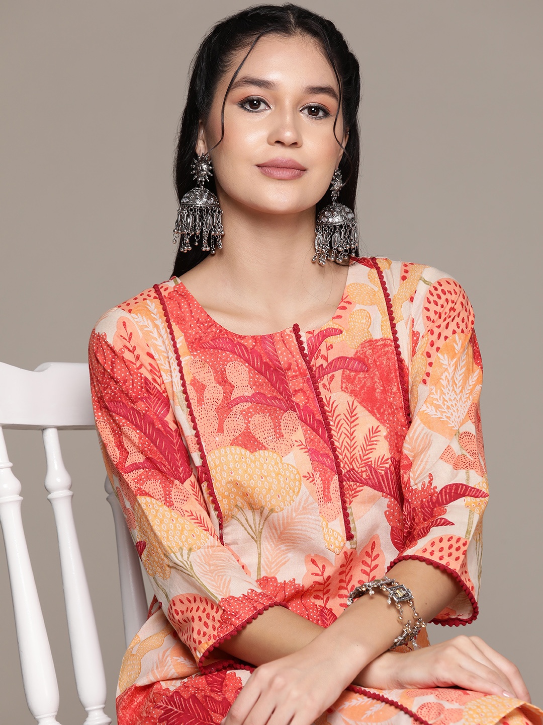 

Readiprint Floral Printed Pure Cotton Kurta with Trousers, Orange