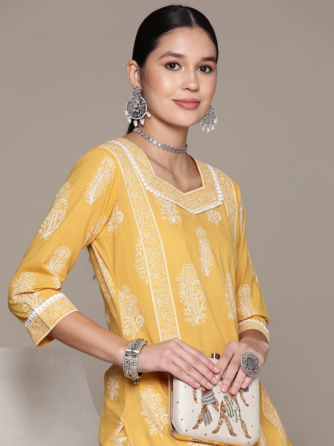 Readiprint Floral Printed Pure Cotton Kurta with Palazzos, Yellow