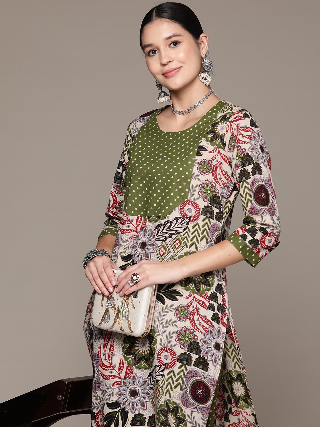

Readiprint Floral Printed Pure Cotton Kurta with Trousers, Green