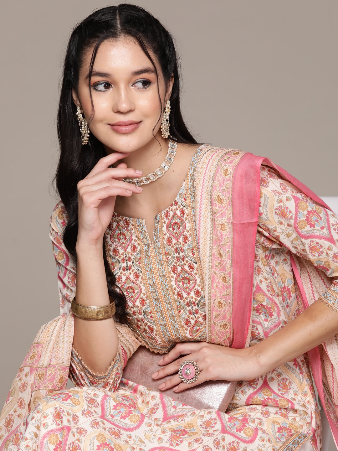 

Readiprint Ethnic Motifs Printed Beads & Stones Pure Cotton Kurta Set, Cream