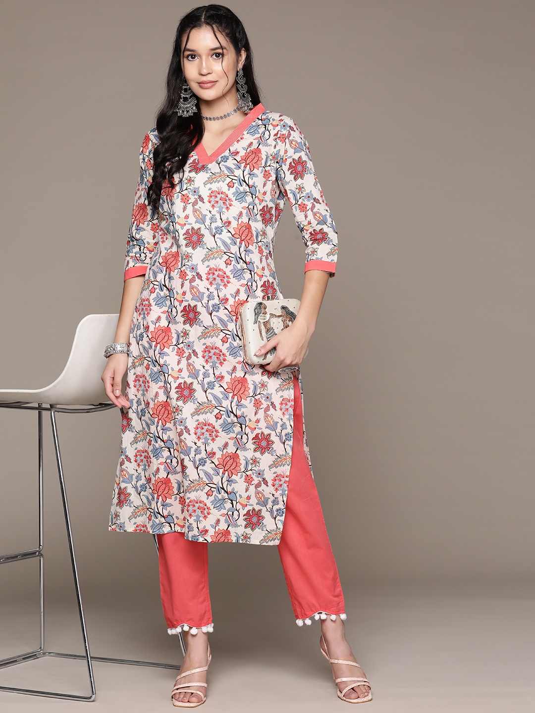 

Readiprint Floral Printed Pure Cotton Kurta with Trousers, Peach
