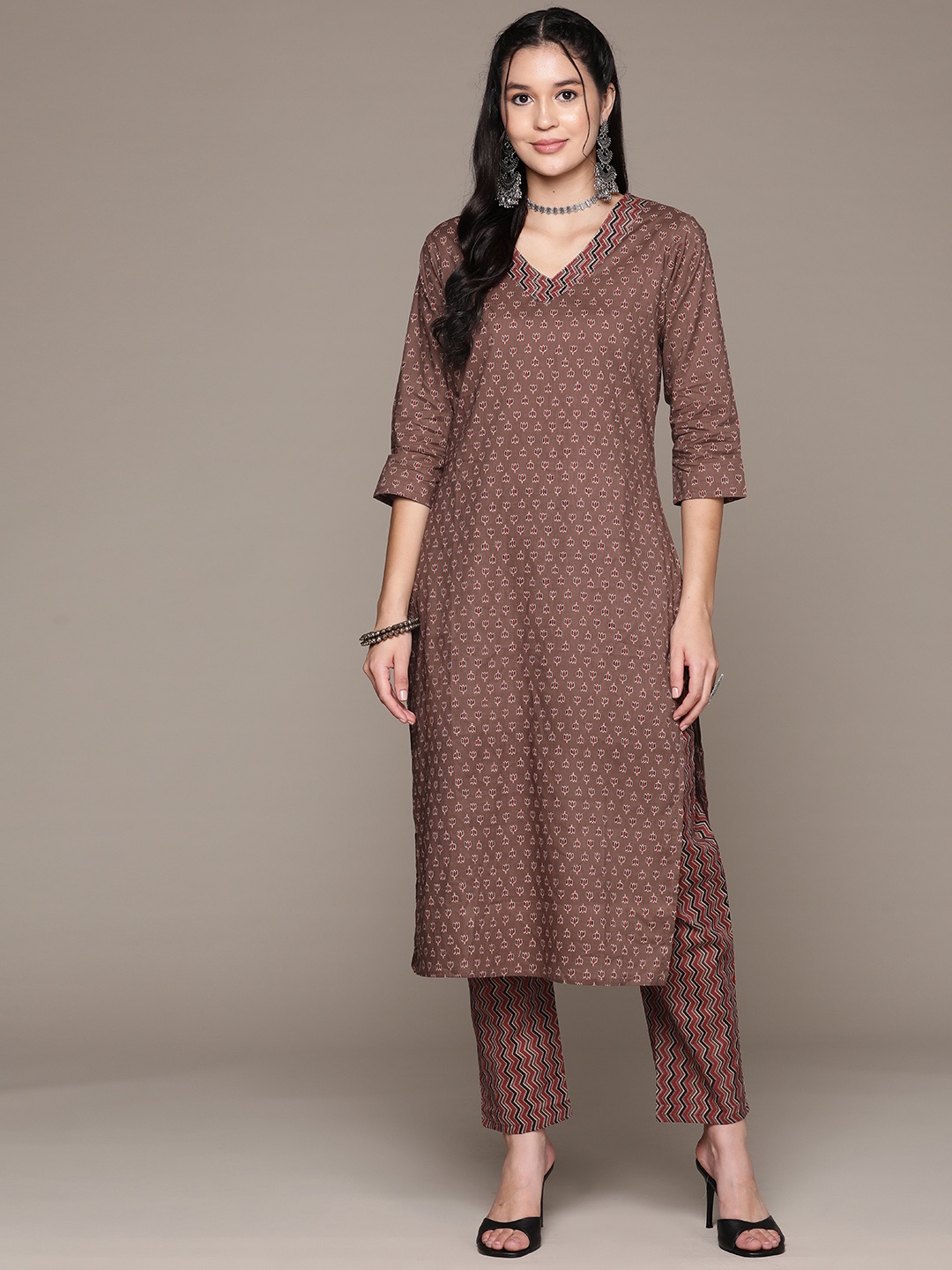 Readiprint Floral Printed Pure Cotton Kurta with Trousers, Brown
