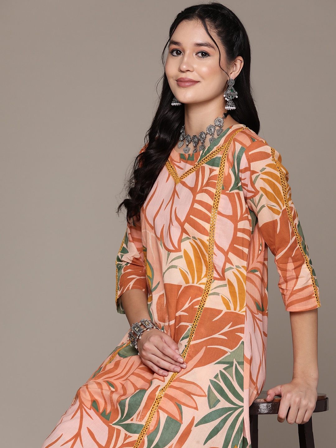 

Readiprint Women Floral Printed Regular Pure Cotton Kurta with Palazzos, Brown