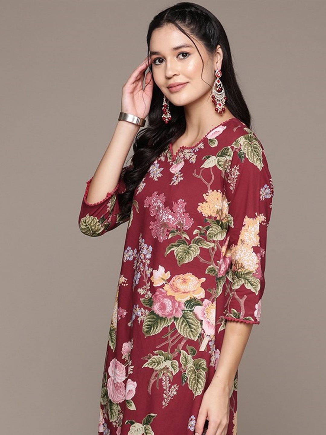 

Readiprint Fashions Women Floral Printed Regular Pure Cotton Kurta with Palazzos, Burgundy