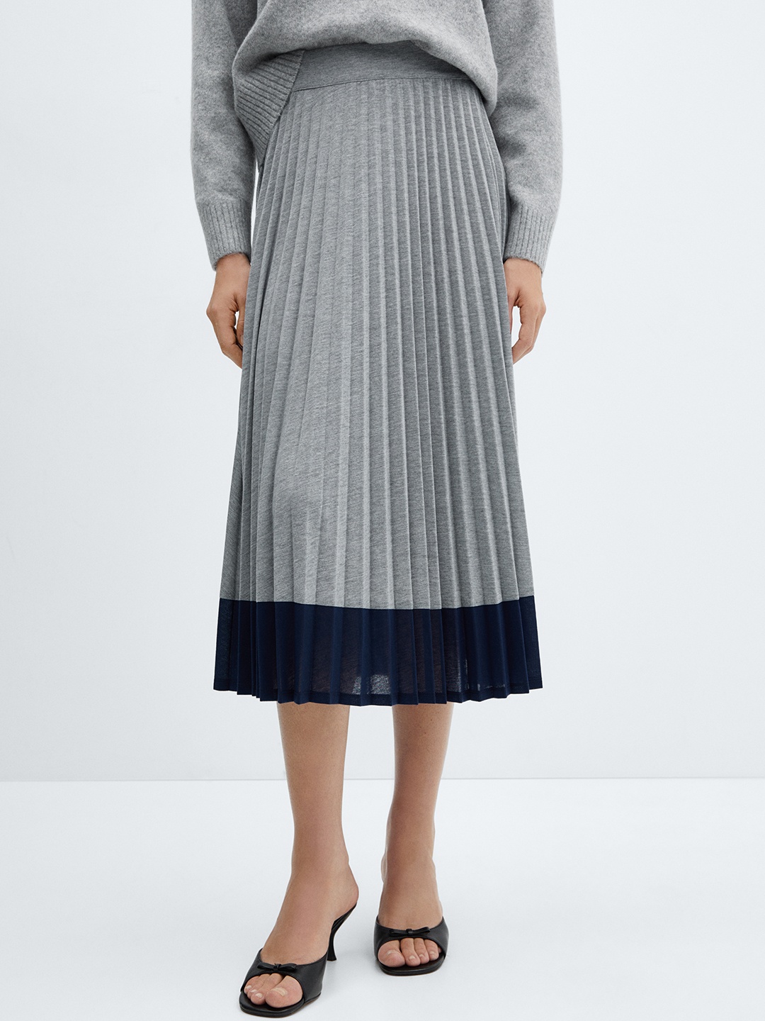 

MANGO Contrast Hem Accordion Pleated Midi Skirt, Grey