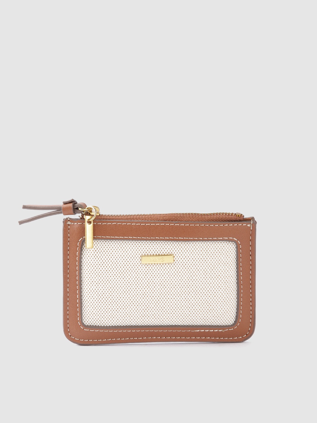 

MANGO Women Geometric Textured PU Zip Around Wallet, Brown