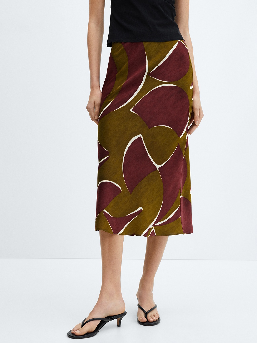 

MANGO Women Printed A-Line Midi Skirt, Olive