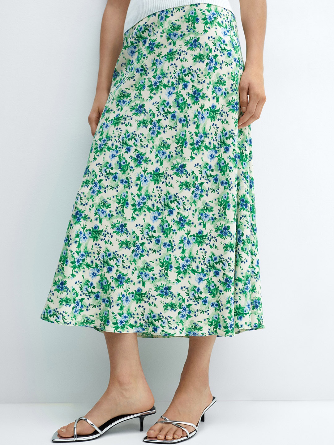 

MANGO Floral Print Satin-Finish Midi Skirt, Green