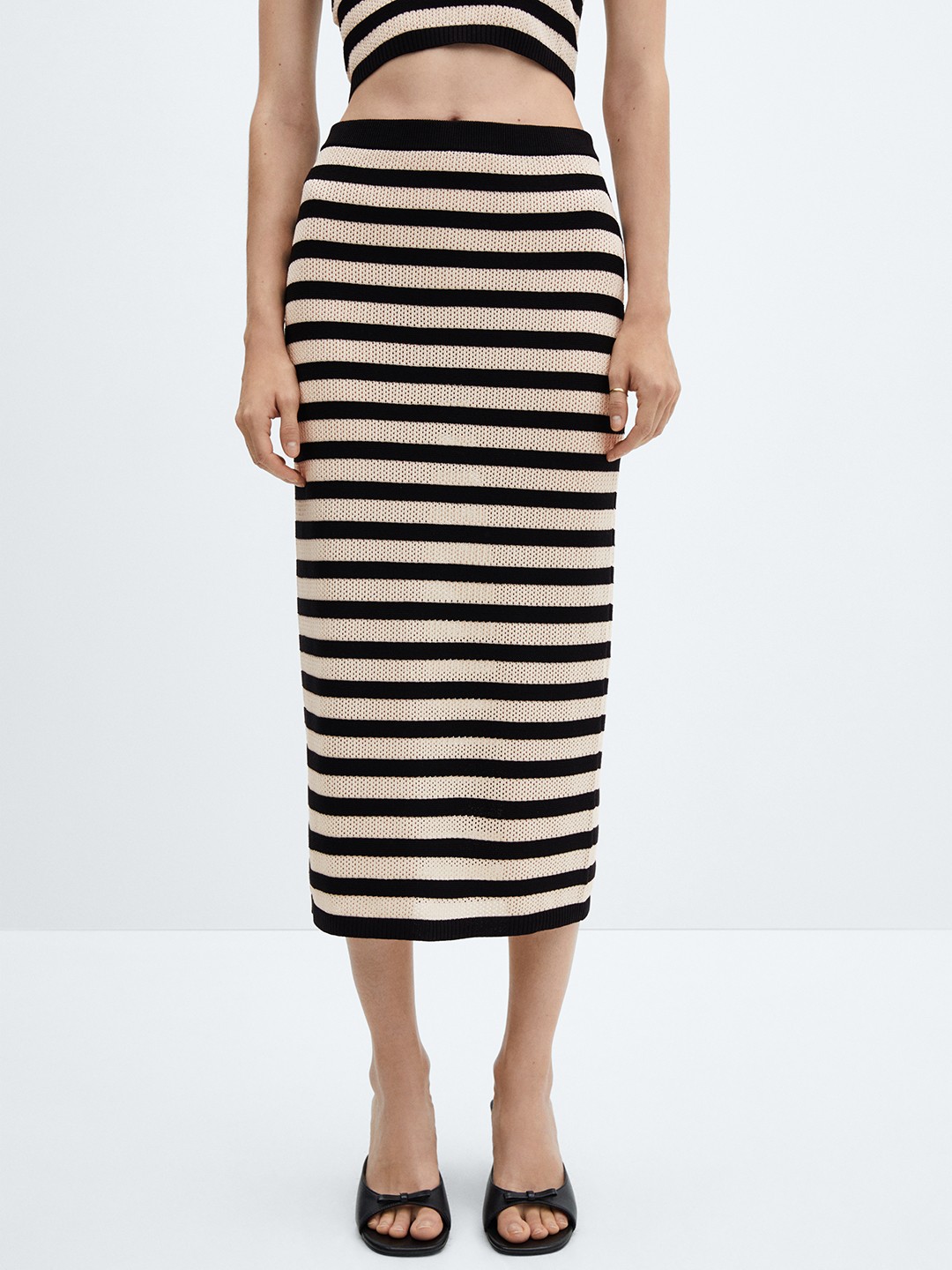 

MANGO Women Striped Pencil Midi Skirt, Beige