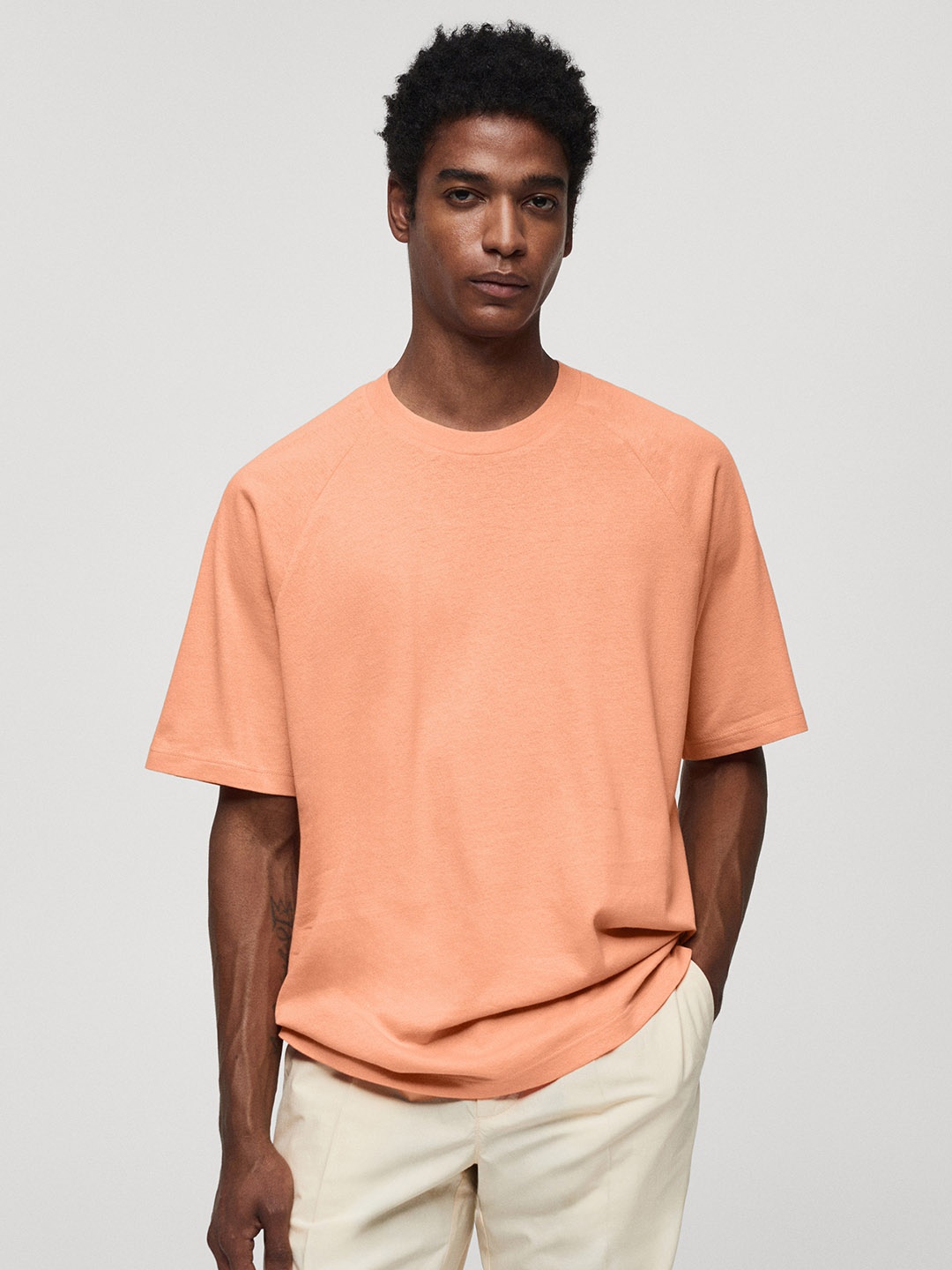 

MANGO MAN Cotton Linen Relaxed T-shirt, Peach