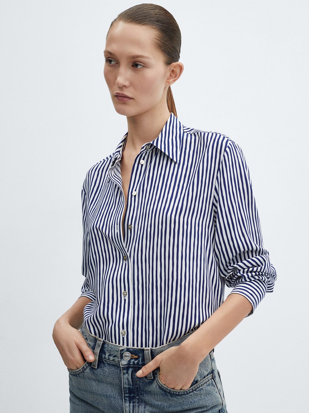 

MANGO Women Opaque Striped Casual Shirt, Navy blue