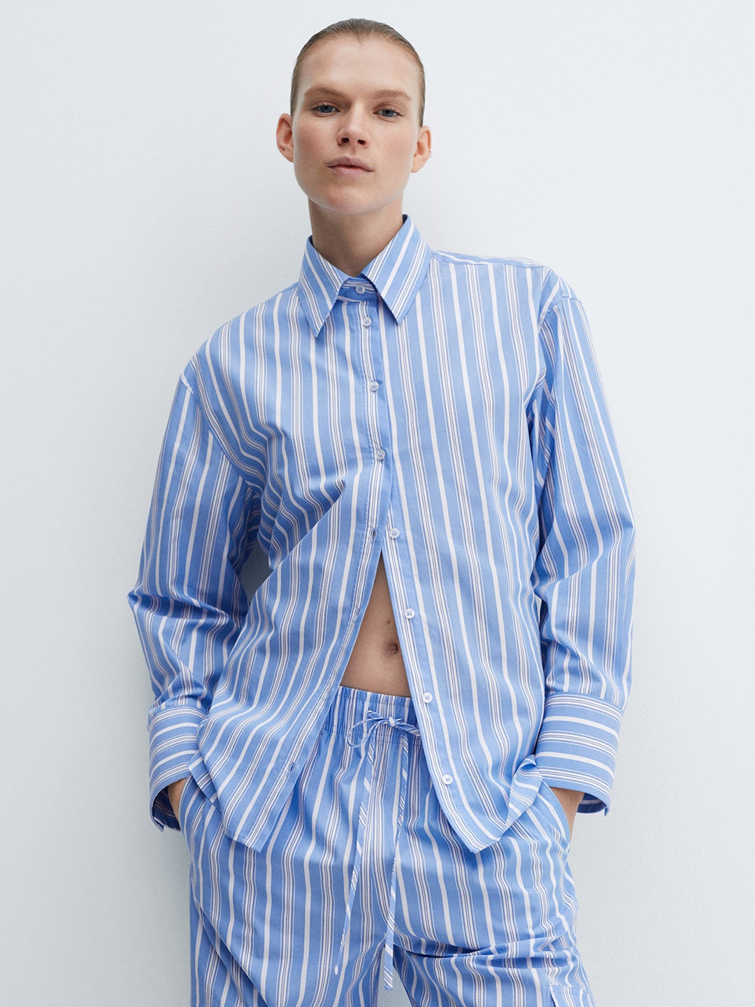 

MANGO Striped Pure Cotton Tie-Up Back Shirt, Blue