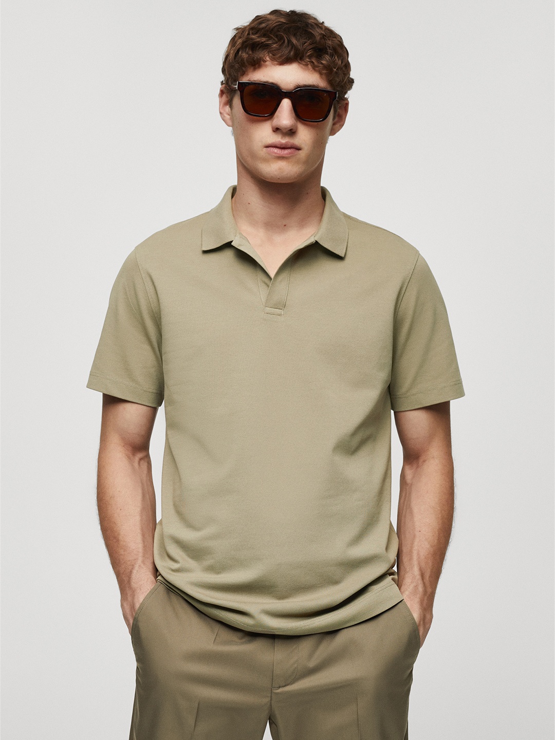 

MANGO MAN Pique Polo Collar T-shirt, Olive
