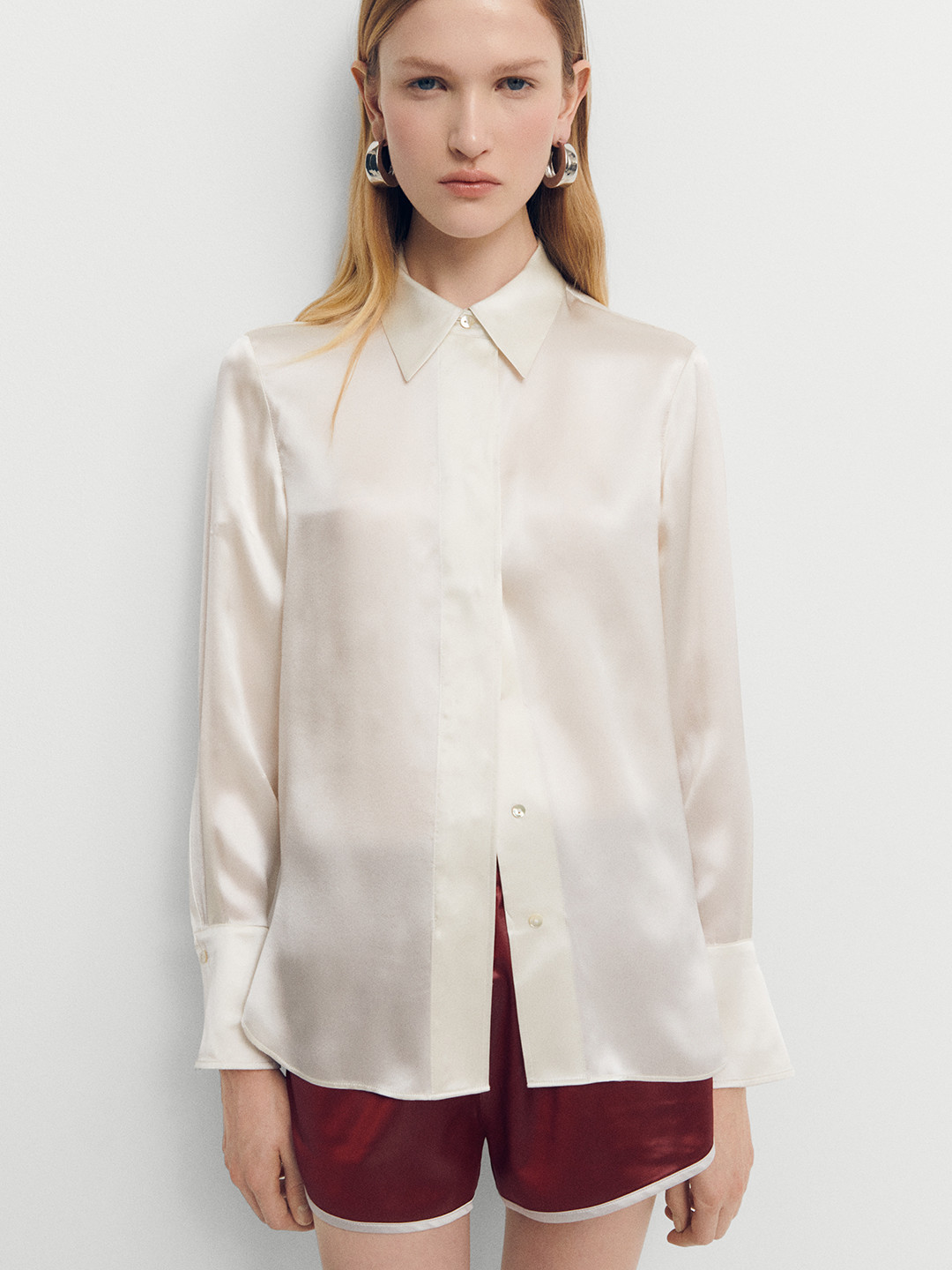 

MANGO Women Opaque Casual Silk Shirt, Beige