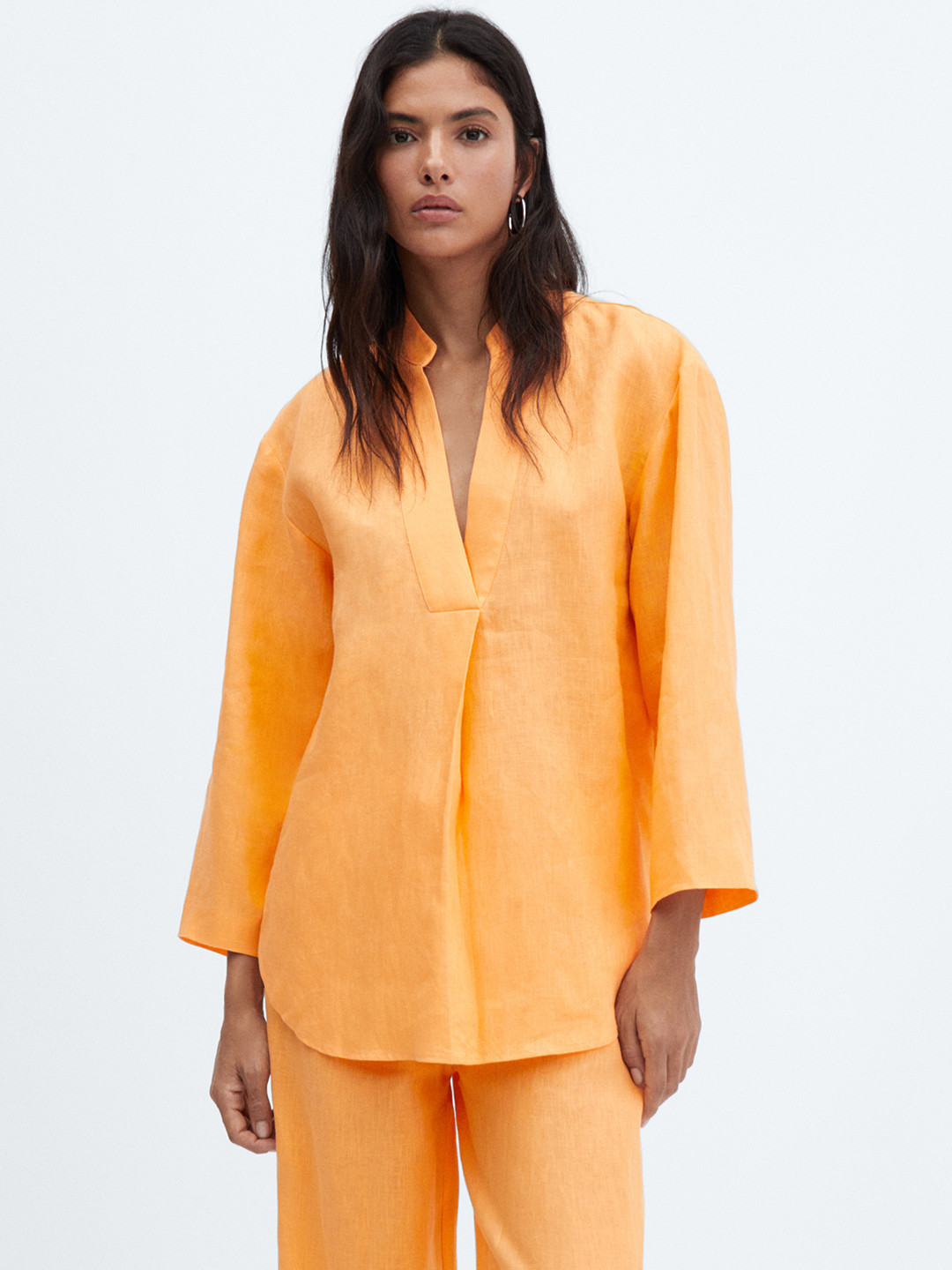 

MANGO Mandarin Collar Linen Shirt Style Top, Orange