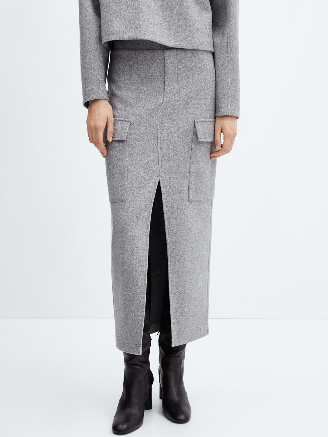 

MANGO Front Slit Pocket Detail Straight Skirt, Grey melange