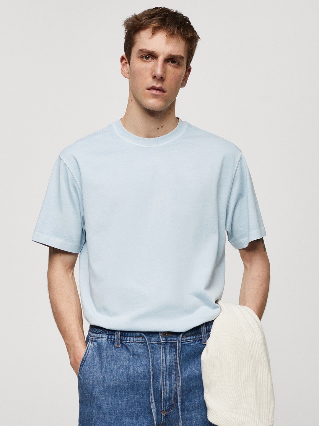 

MANGO MAN Drop-Shoulder Sleeves Pure Cotton Relaxed T-shirt, Blue