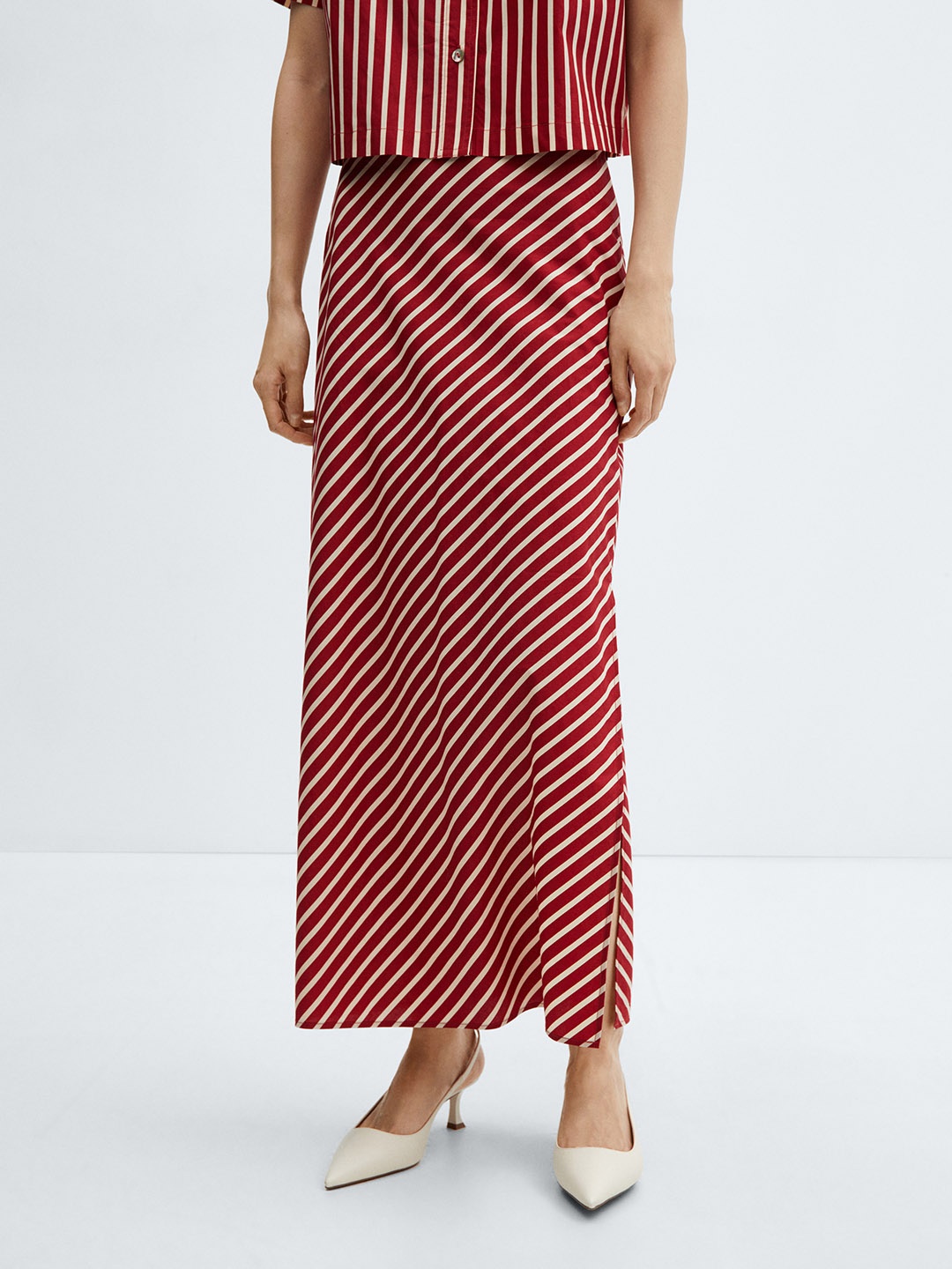 

MANGO Women Striped A-line Cotton Maxi Skirt, Red