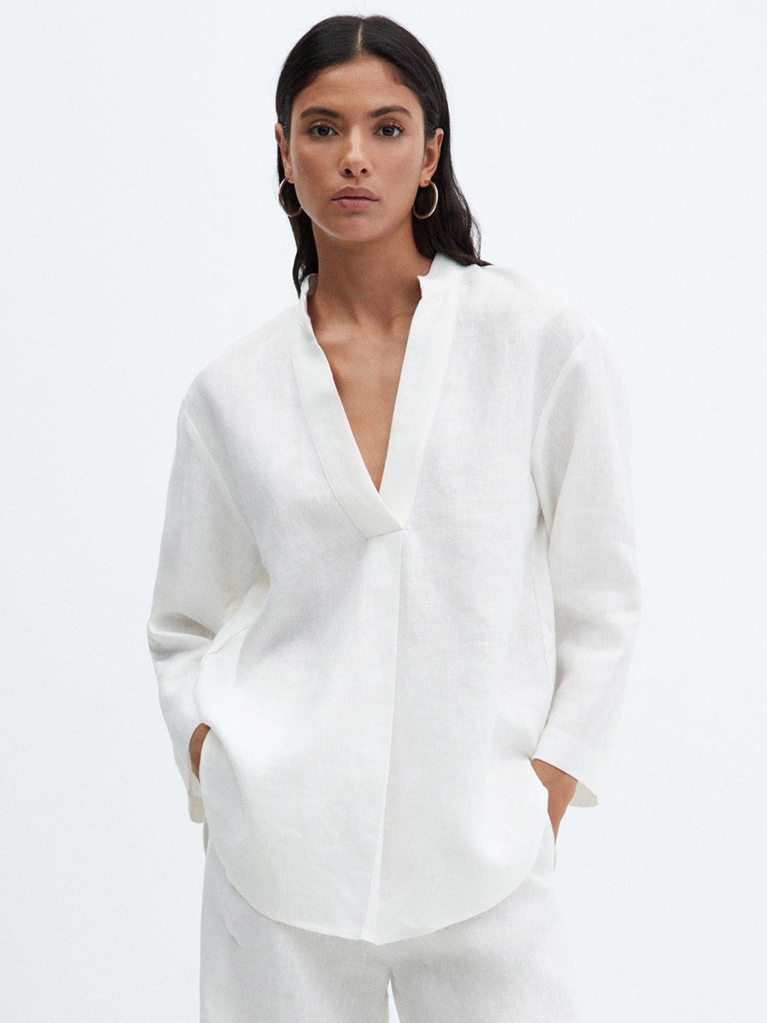 

MANGO Women Solid Linen Shirt Style Top, White