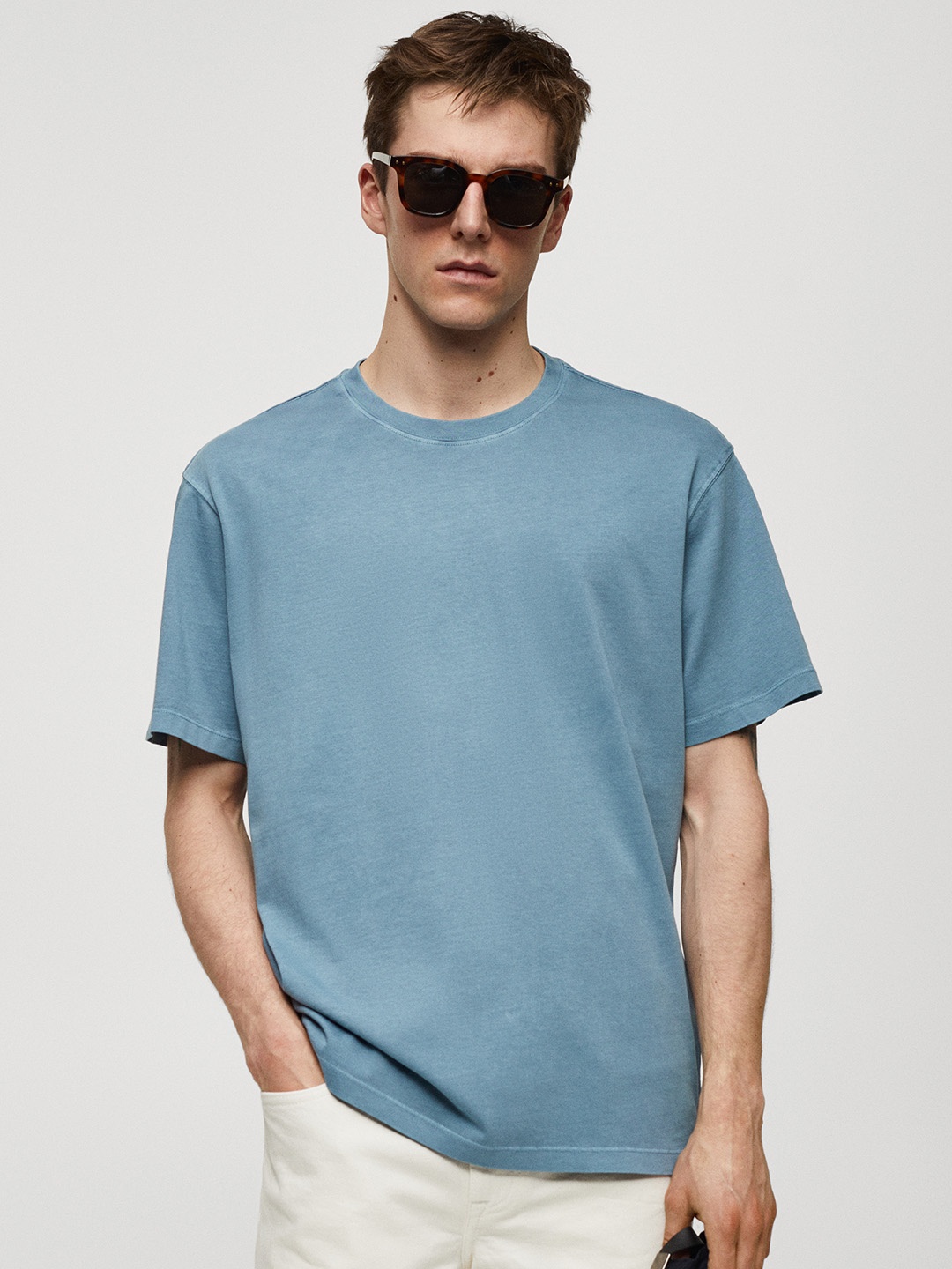 

MANGO MAN Drop-Shoulder Sleeves Pure Cotton Relaxed T-shirt, Blue