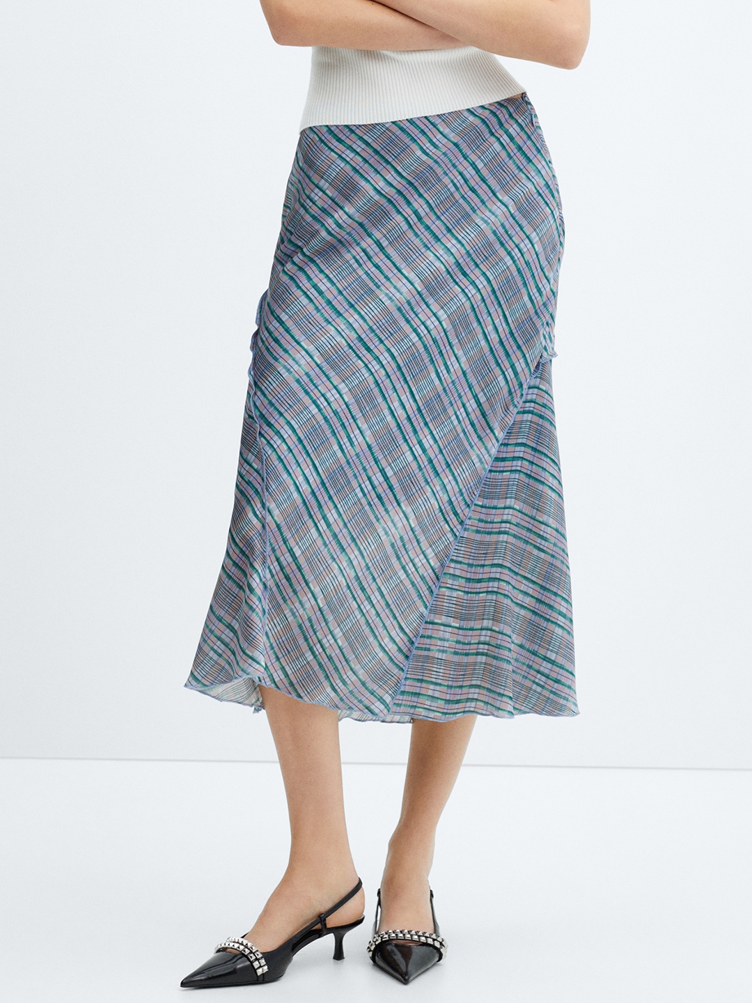 

MANGO Checked A-Line Midi Skirt, Grey