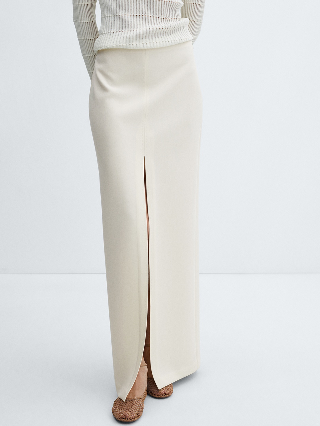 

MANGO Straight Maxi Skirt with Front Slit Detail, Off white