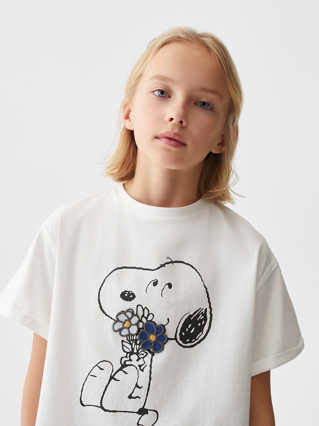 

Mango Kids Girls Snoopy Print Drop-Shoulder Sleeves Pure Cotton T-shirt, White