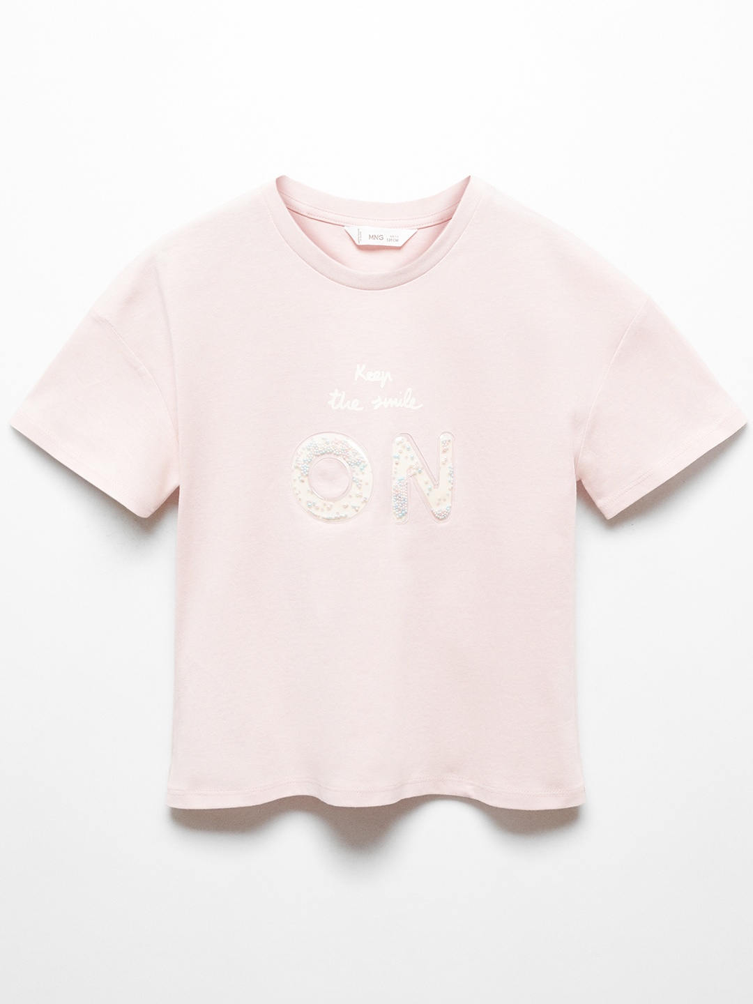 

Mango Kids Girls Pure Cotton Typography Self Design Applique T-shirt, Peach