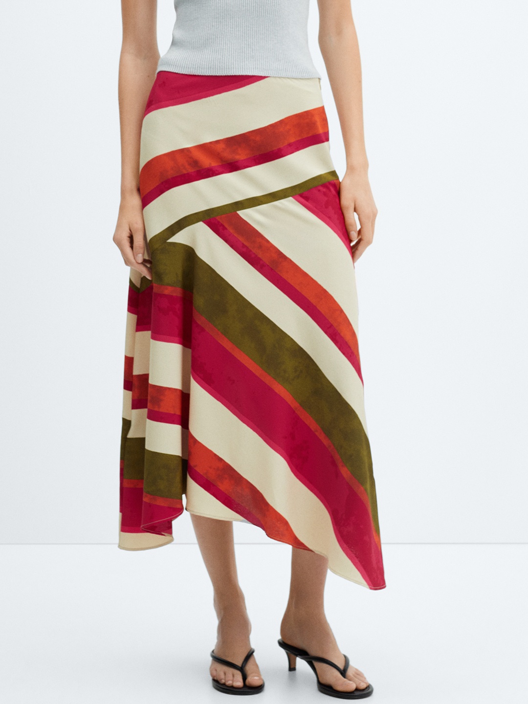 

MANGO Striped A-Line Midi Skirt, Red