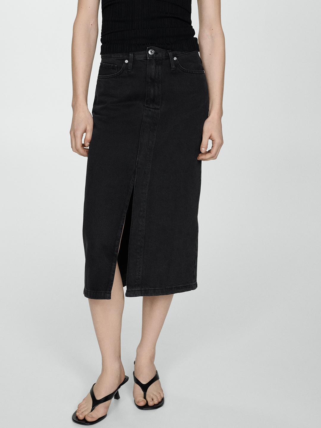 

MANGO Straight Pure Cotton Denim Midi Skirt, Black