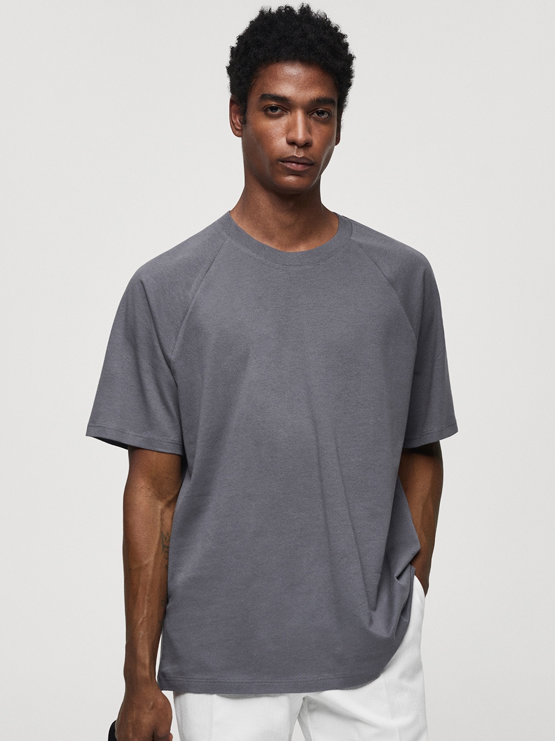 

MANGO MAN Cotton Linen Relaxed T-shirt, Grey