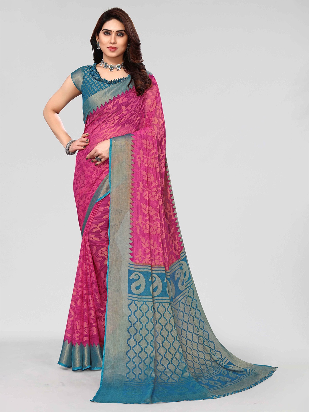 

HALFSAREE STUDIO Floral Woven Design Zari Saree, Pink