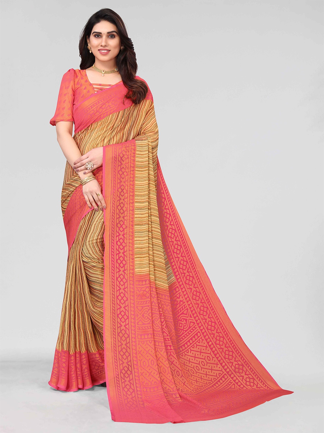 

HALFSAREE STUDIO Floral Zari Poly Chiffon Saree, Red