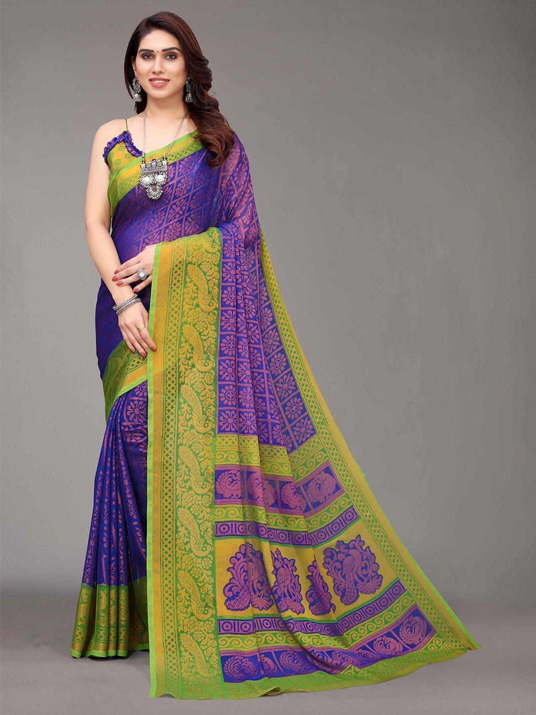 

HALFSAREE STUDIO Floral Woven Design Zari Saree, Blue