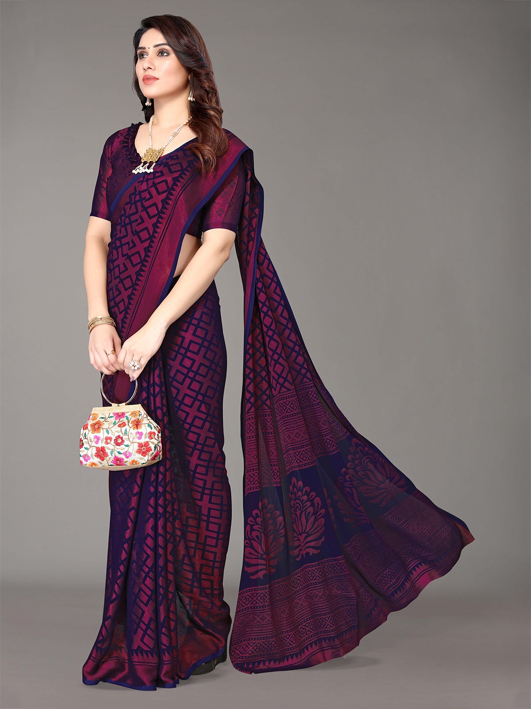 

HALFSAREE STUDIO Zari Poly Chiffon Saree, Navy blue