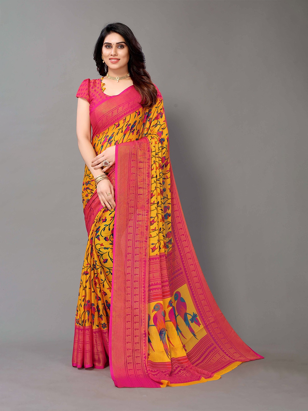 

HALFSAREE STUDIO Floral Poly Chiffon Saree, Yellow