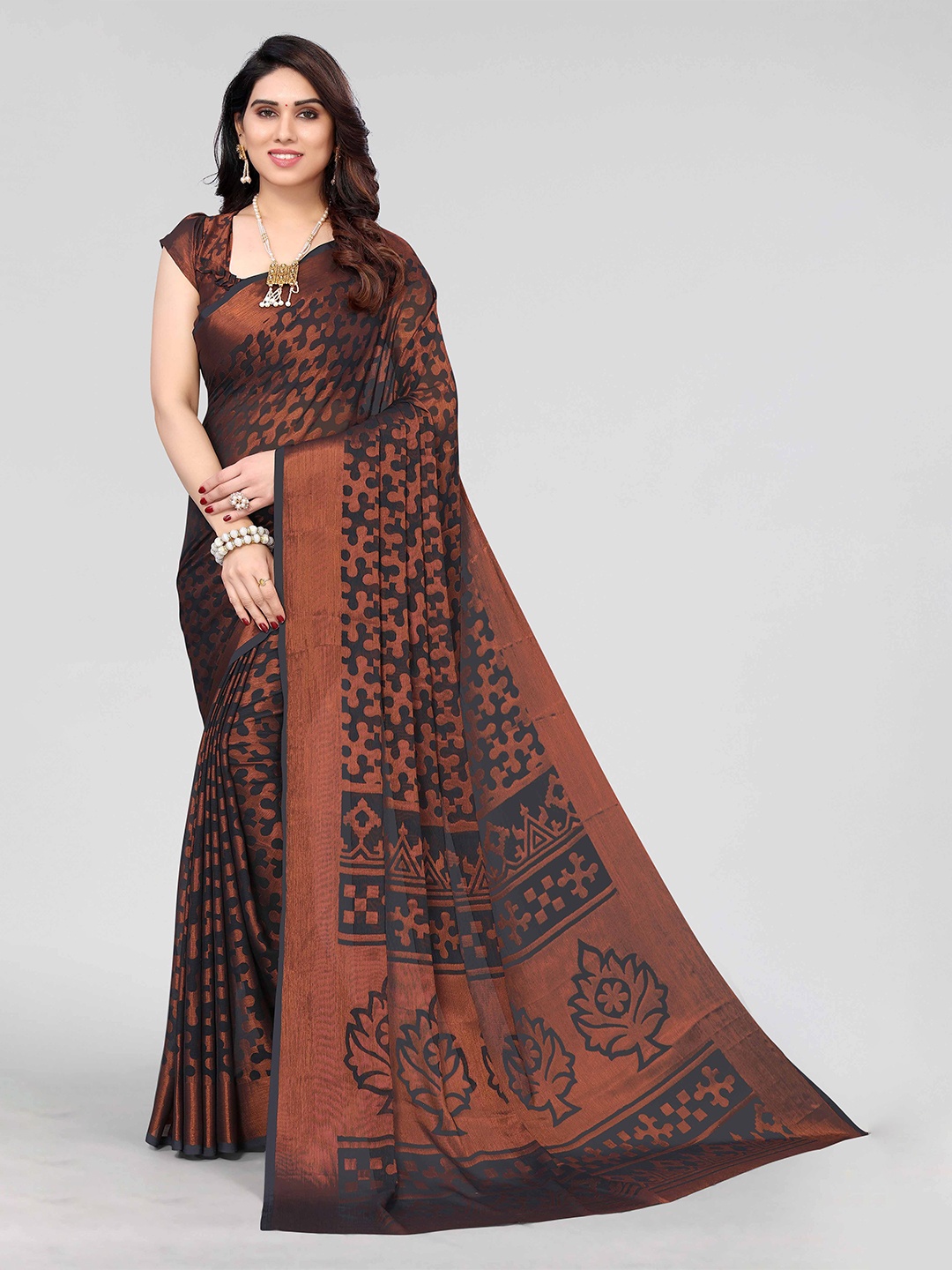 

HALFSAREE STUDIO Floral Zari Poly Chiffon Saree, Grey