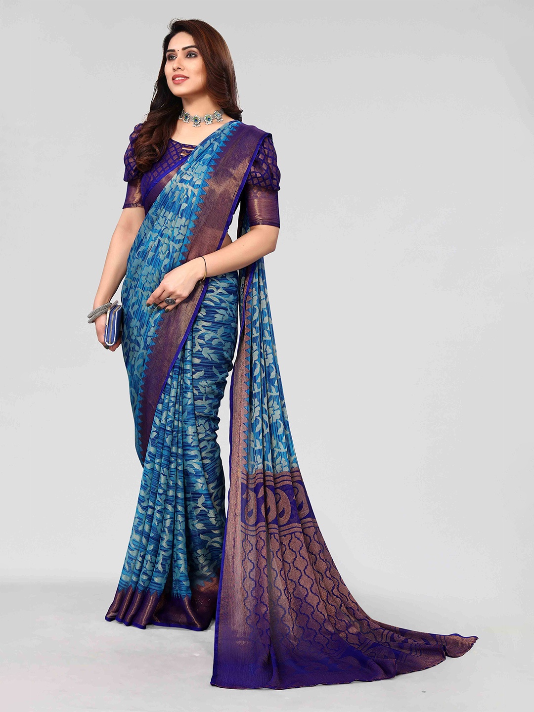 

HALFSAREE STUDIO Floral Poly Chiffon Saree, Blue