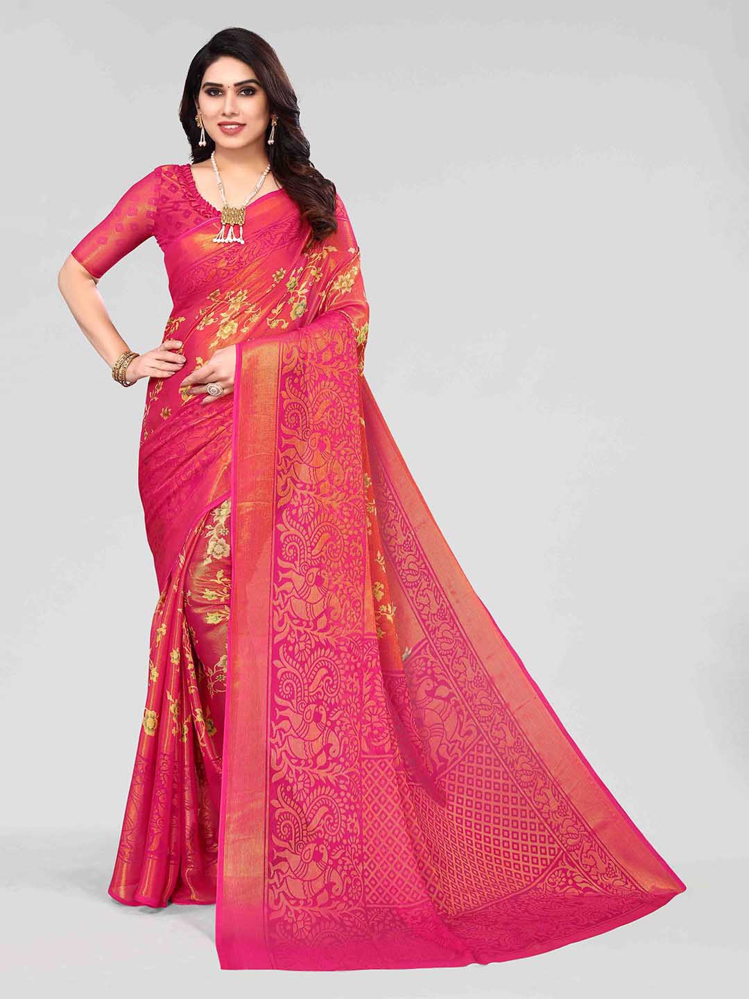 

HALFSAREE STUDIO Floral Zari Poly Chiffon Saree, Pink