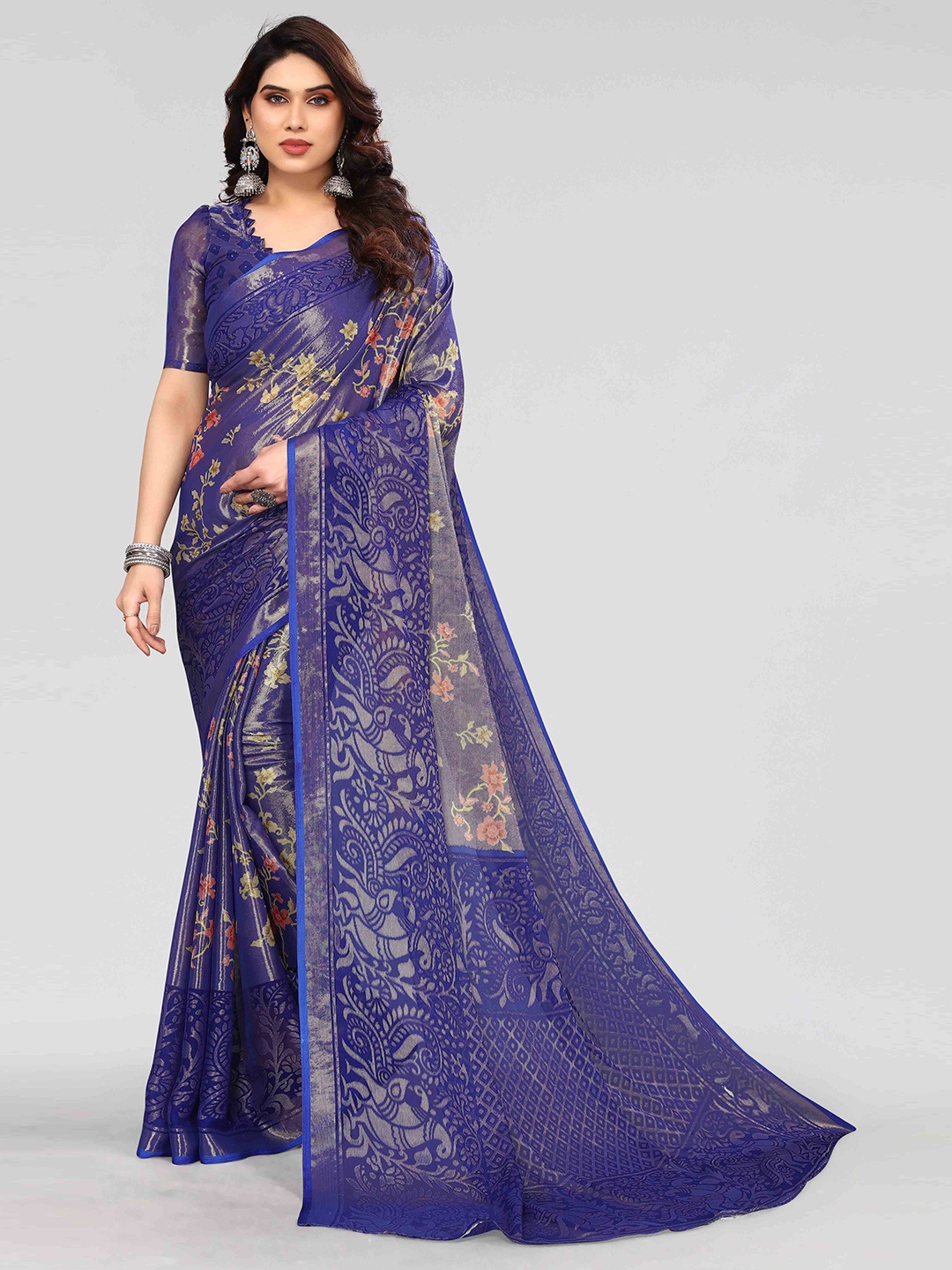 

HALFSAREE STUDIO Floral Zari Poly Chiffon Saree, Blue