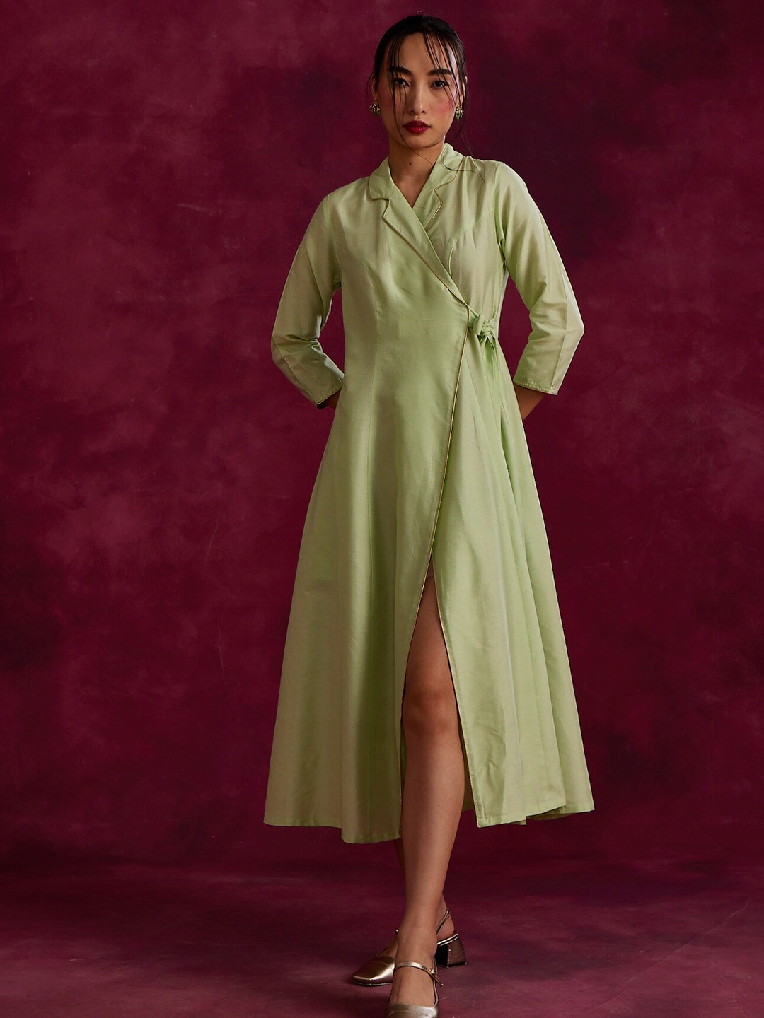 

Abhishti Lapel Collar Crepe Wrap Maxi Dress, Green