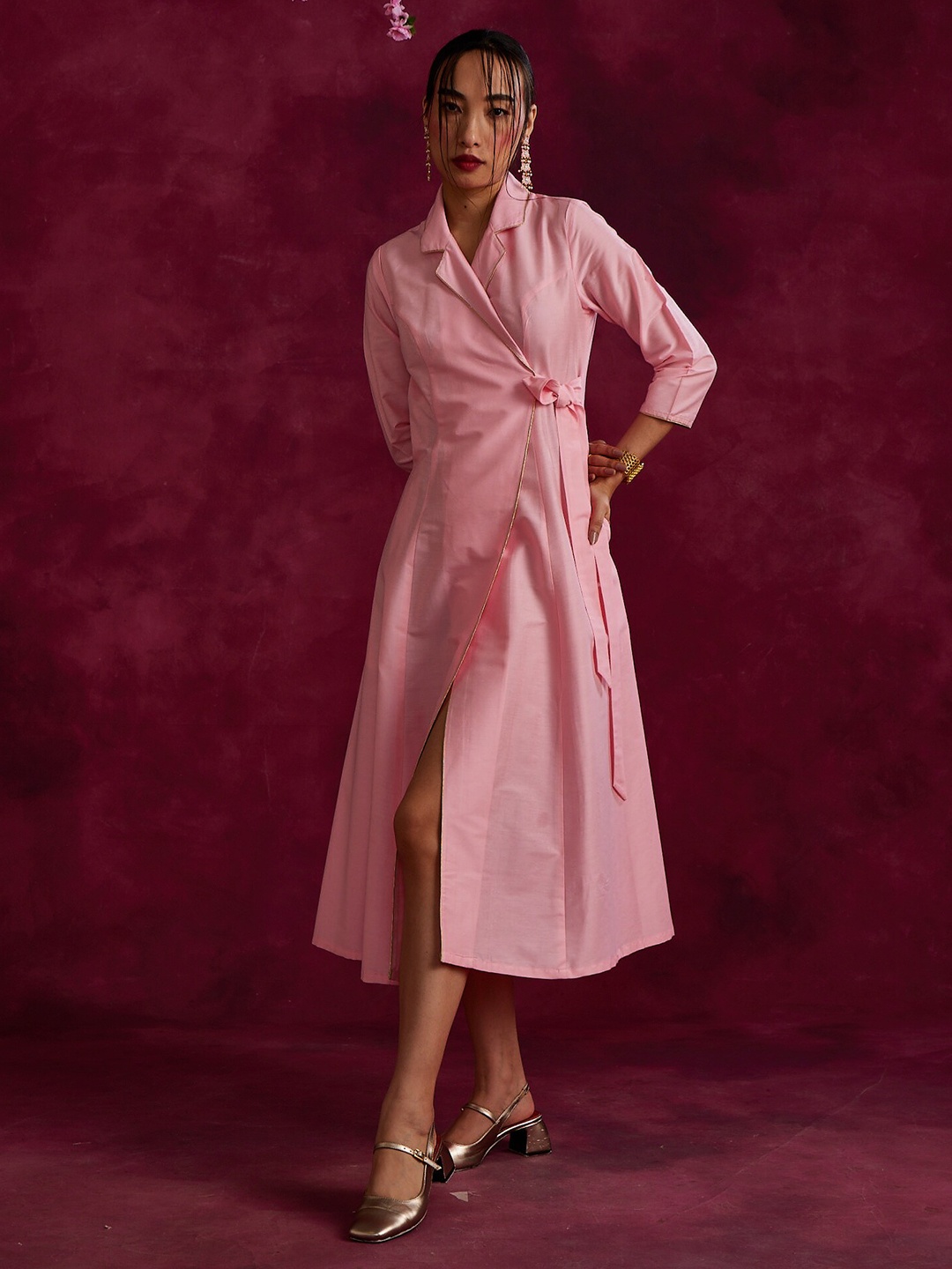 

Abhishti Lapel Collared Wrap Midi Dress, Pink