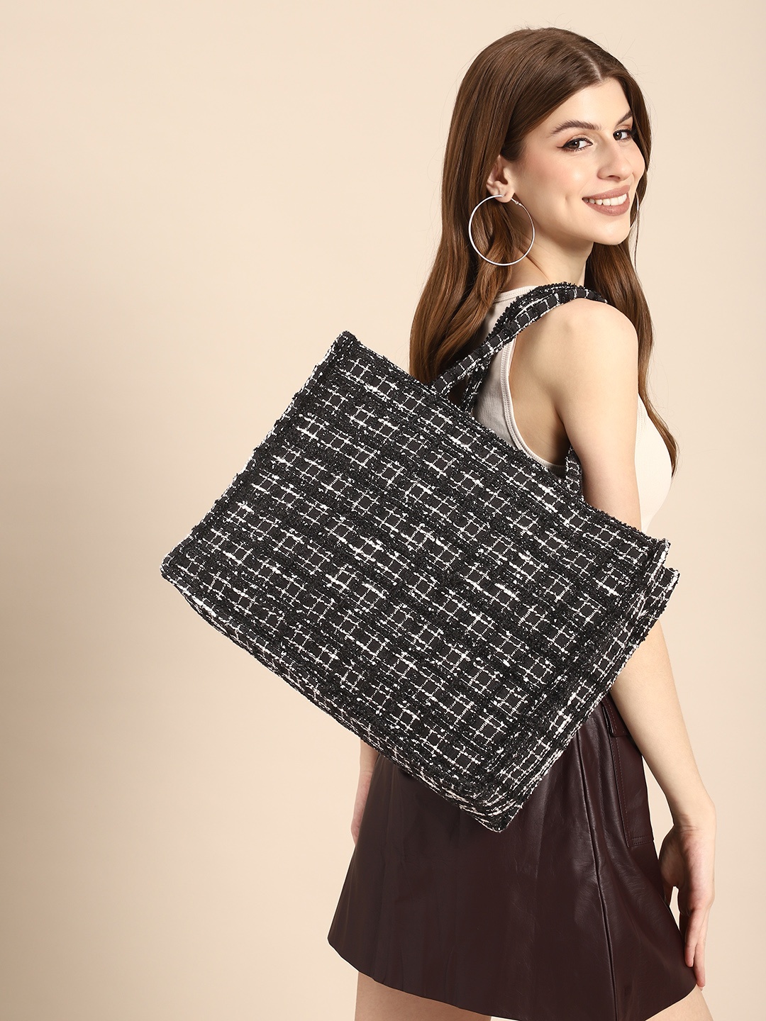 DressBerry Checked Oversized Shopper Tote Bag with, Black