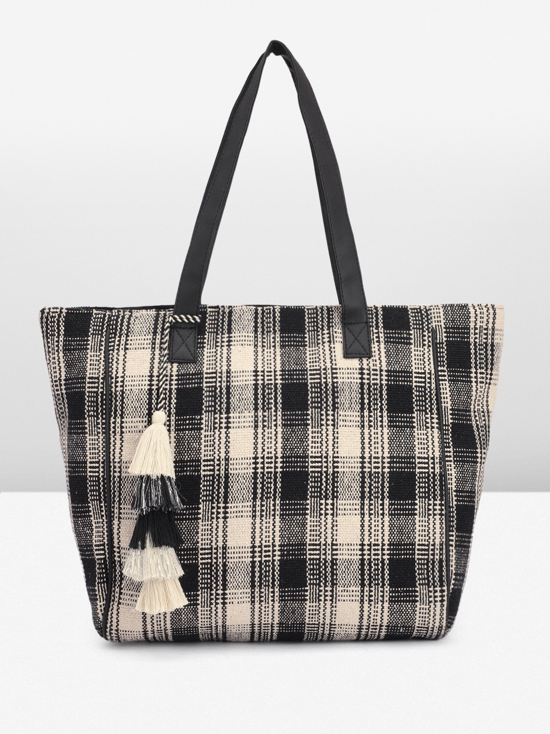 

Anouk Checked Oversized Structured Tote Bag with Tasselled, Multi
